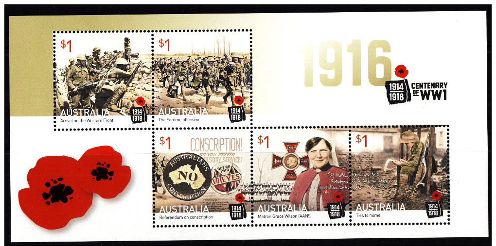 Australia 2016 Centenary Of WWI: 1916 Minisheet Stamps MNH - Ungebraucht