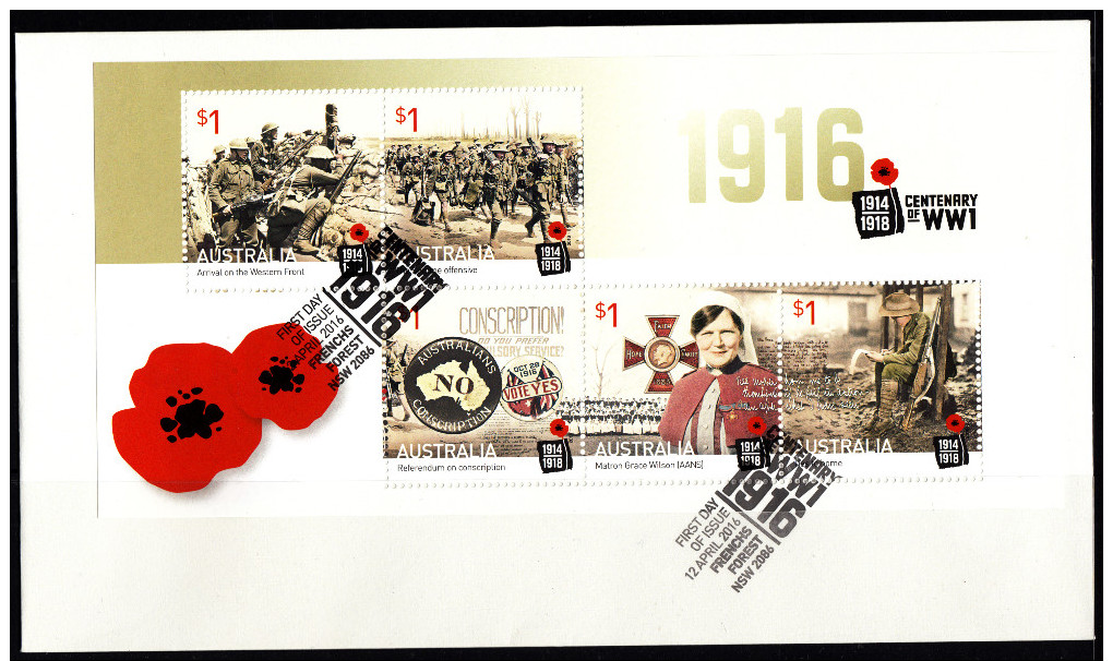 Australia 2016 Centenary Of WWI: 1916 FDC Minisheet - FDC