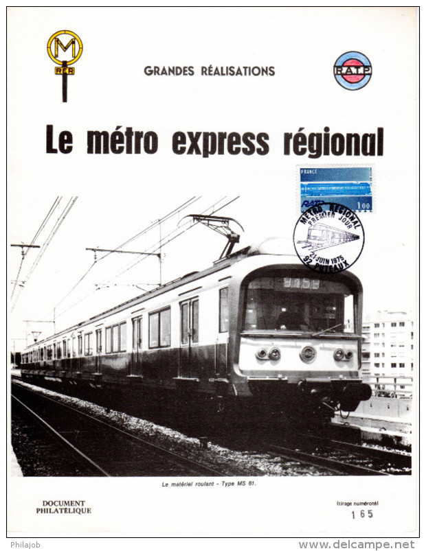 FRANCE 1975 : Encart 1er Jour N°té (165/399) De 4 Pages." LE METRO EXPRESS REGIONAL " N° YT 1804. Parfait état. FDC - Tramways