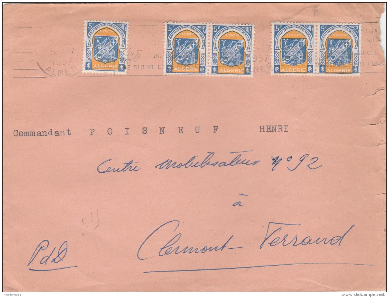 ALGERIE BLASON TLEMCEN X5 SUR ENV ALGER 5/7/57 POUR CENTRE MOBILISATEUR FRANCE CLERMONT FERRAND - Covers & Documents