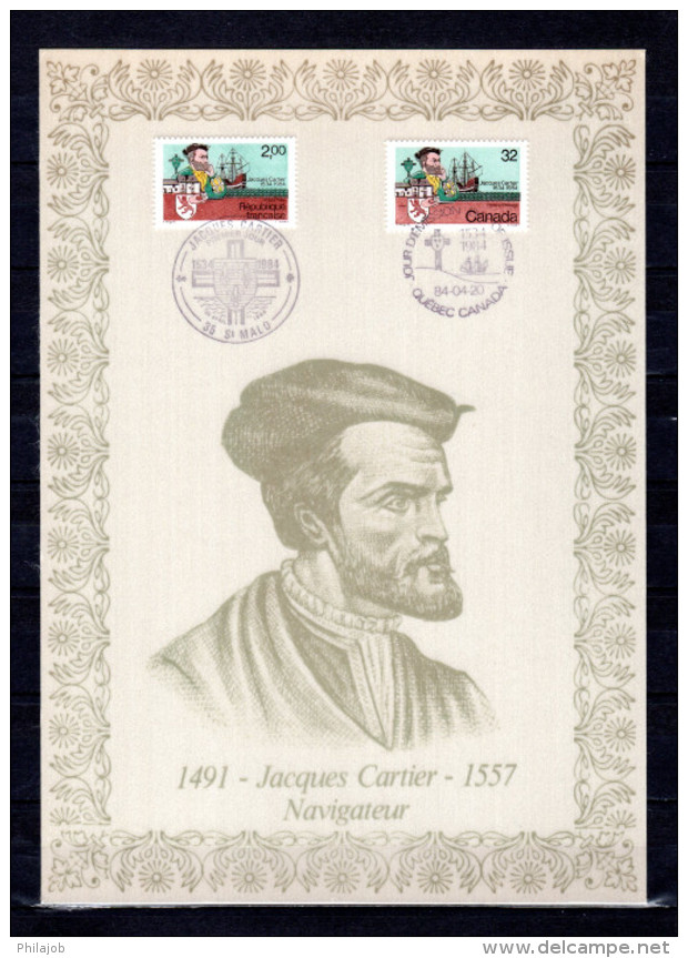 FRANCE / CANADA 1984 : Encart 1er Jour N°té En Soie Rare (589/1300) : " CARTIER " N° YT 2307 + CANADA 869. Parf état FDC - Emissions Communes