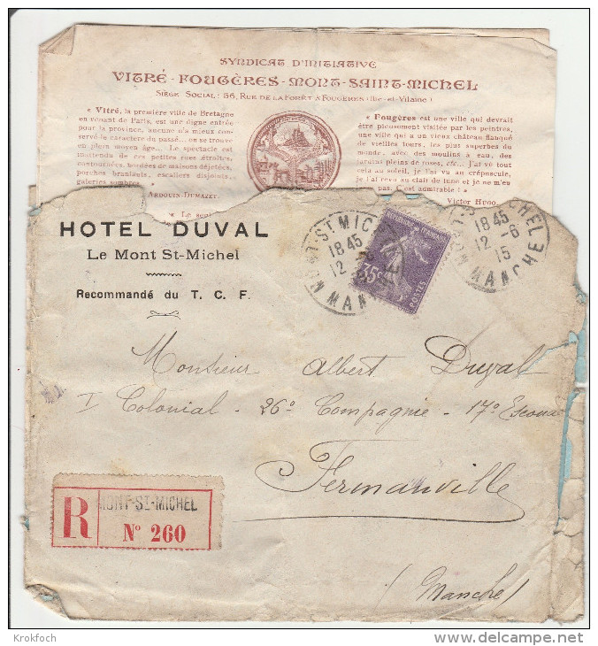 Mont-Saint-Michel 1915 Manche Sur Semeuse - Lettre Avec étiquette De Recommandation ... Et Avec Déchirures - Annullamenti Meccanici (pubblicitari)