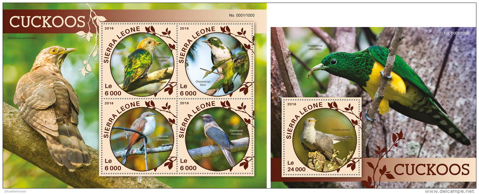 SIERRA LEONE 2016 ** Cuckoos Kuckucke Coucous M/S+S/S - OFFICIAL ISSUE - A1613 - Coucous, Touracos