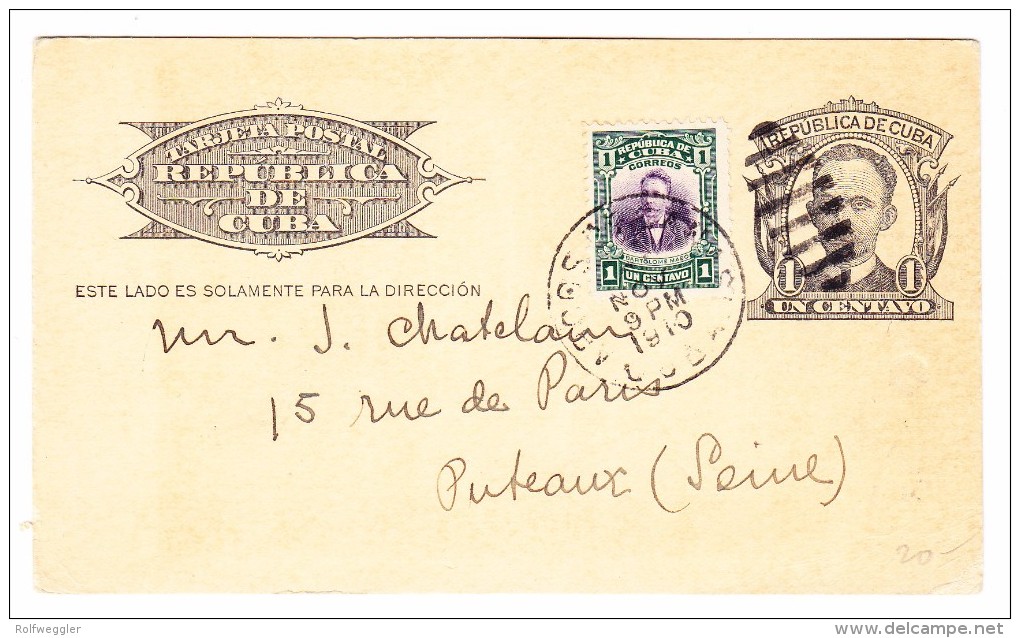 Cuba Ganzsache 1 Centavo Mit 1 C Zusatz Ges. 22.11.1910 Nach Puteaux Frankreich - Lettres & Documents