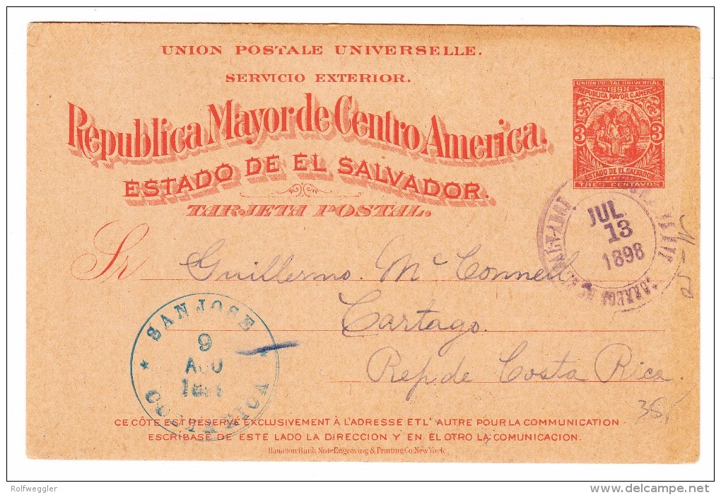 San Salvador Ganzsache 3 Centavos Ges. 13.7.1898 Nach San José Costa Rica - Salvador