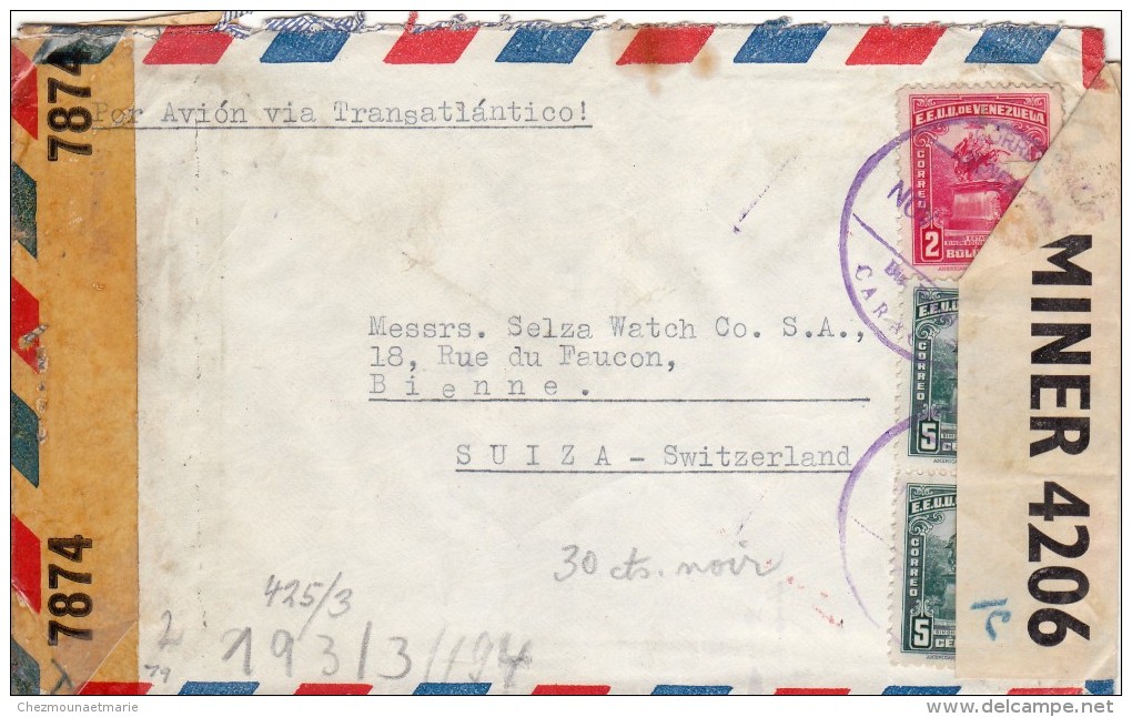 VENEZUELA SUISSE - CARACAS BIENNE - GEOFFNET OBERKOMMANDO DER WEHRMACHT - TRANSATLANTICO - 2 X 5C + 2B SUR ENVELOPPE - Venezuela