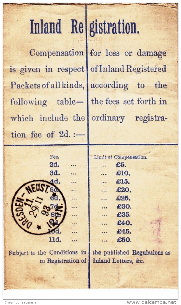 GRANDE BRETAGNE ALLEMAGNE - FINSBURY DRESDE - 1893 - RECOMMANDEE ENTIER POSTAL 2P + COMPLEMENT D AFFRANCHISSEMENT 2 1/2D - Storia Postale