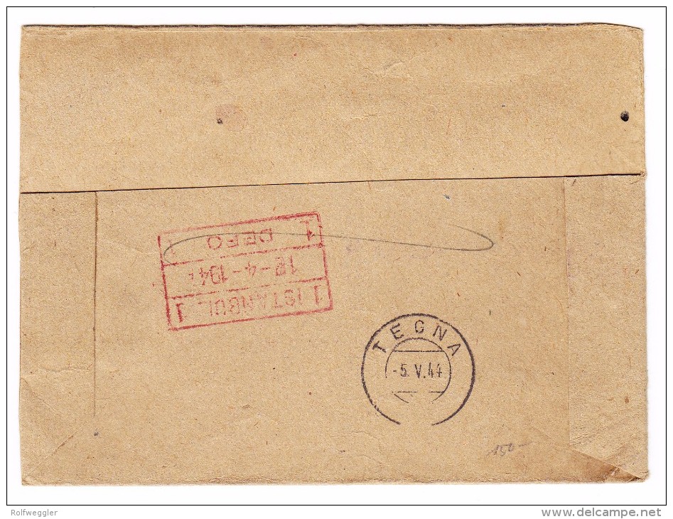 Heimat TI Tegna 5.5.1944 AK-Stempel Auf R-Brief Von Harbin Manchurei Rücks. Durchgangs-o Istanbul Rot - Postmark Collection