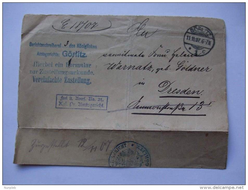 GERMANY PART COVER GORLITZ TO DRESDEN AMTSGERICHTS, VEREINFACHTE ZUSTELLUNG - Lettres & Documents