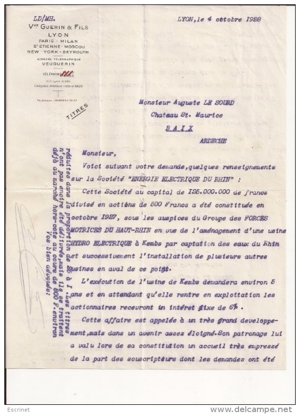 Courrier :  Usine Hydro Electrique - Kembs Haut Rhin - Vve Guerin - Lyon - Rhone - Ardeche - Auguste Le Sourd - Matériel Et Accessoires