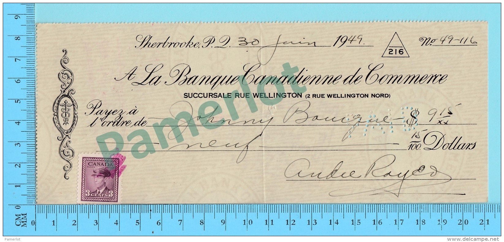 Sherbrooke Quebec Cheque 1947 - $ 9.15 Ministre Johnny S. Bourque Union Nationale Gouv. Duplessis  -2 Scans - Cheques & Traveler's Cheques