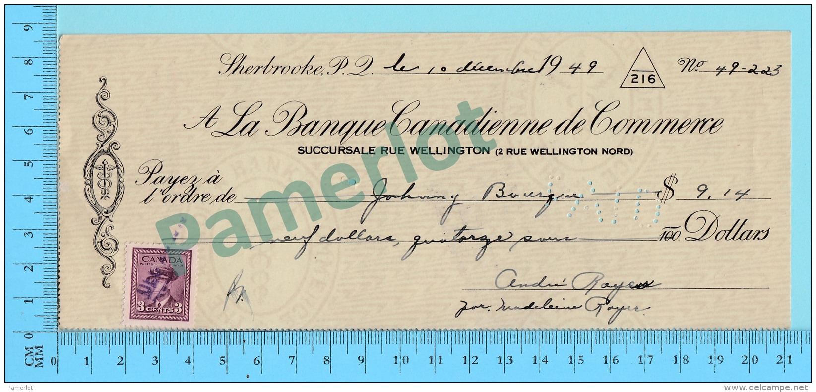 Sherbrooke Quebec 1947 Cheque -  $9.14, Ministre Johnny Bourque Union Nationale Gouv. Duplessis  -2 Scans - Cheques & Traveler's Cheques