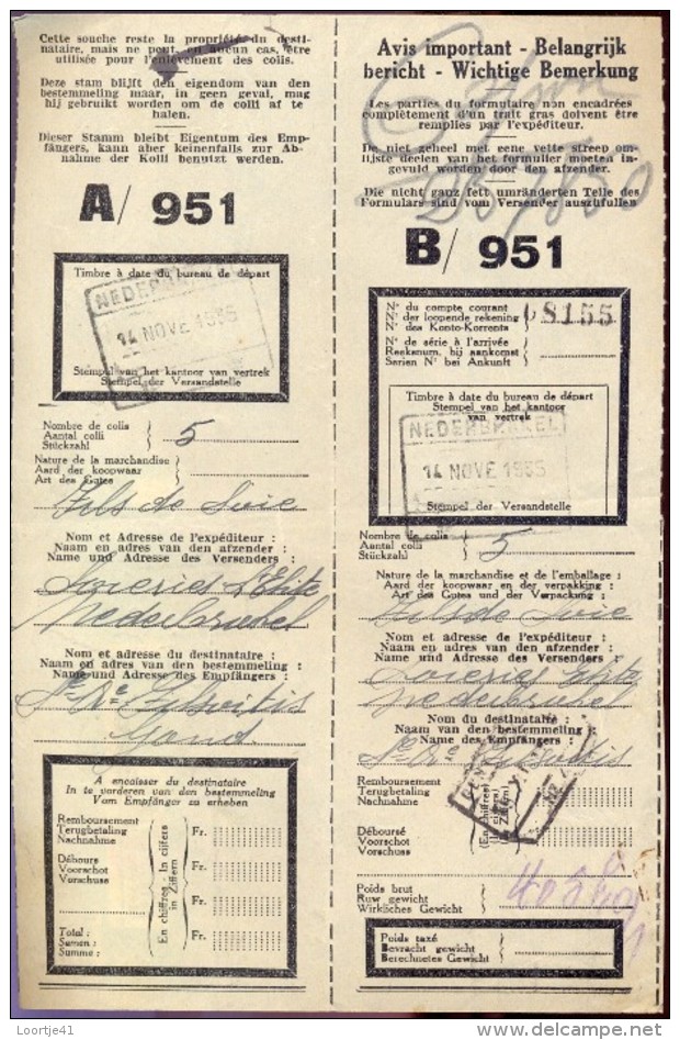 Vervoerbewijs Spoorwegen Chemins De Fer -  Nederbrakel - Gent 1935 - A/951 - Autres & Non Classés