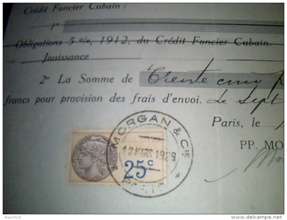 Timbre Fiscal Vieux Papier A Entete Recu Banquaire  Morgan & Co A Paris  Annee 1929 Timbre Fiscal Oblitere De 25 Ct - Brieven En Documenten