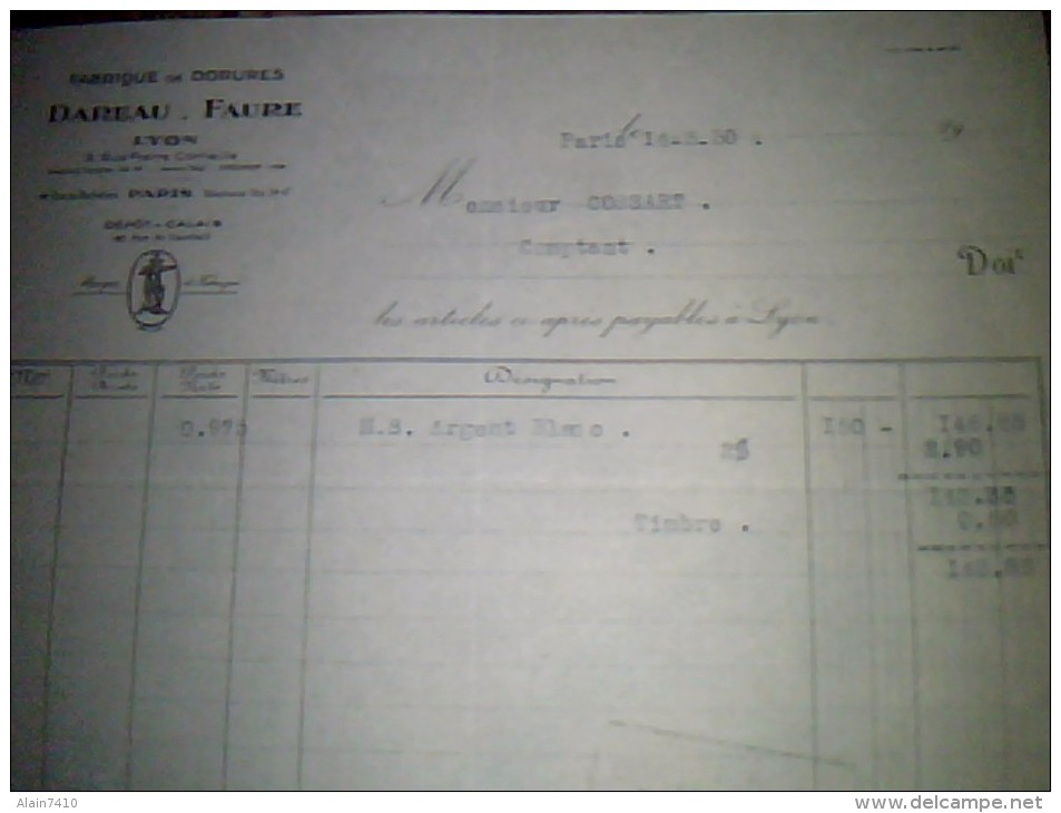 Timbre Fiscal Vieux Papier A Entete Dareau Faure Fabrique De Dorures  A Lyon Timbre Fiscal De 50 Ct Annee 1930 - Covers & Documents