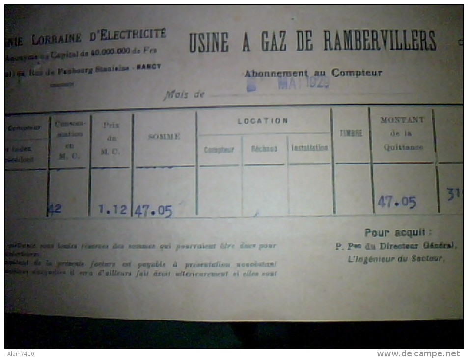 Vieux Papiers A Entete Facture Usine A Gaz De Rambervillers Cie Lorrainne D Electricite Avec  Publicitee Lampe " Metal " - Non Classés