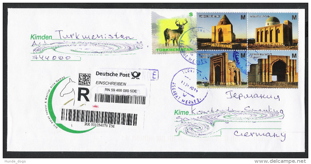 Turkmenistan R-Brief 2015 Registered Letter Cover UNESCO-Welterbe Monuments 2013 Fauna Maral 2009 - Turkmenistan