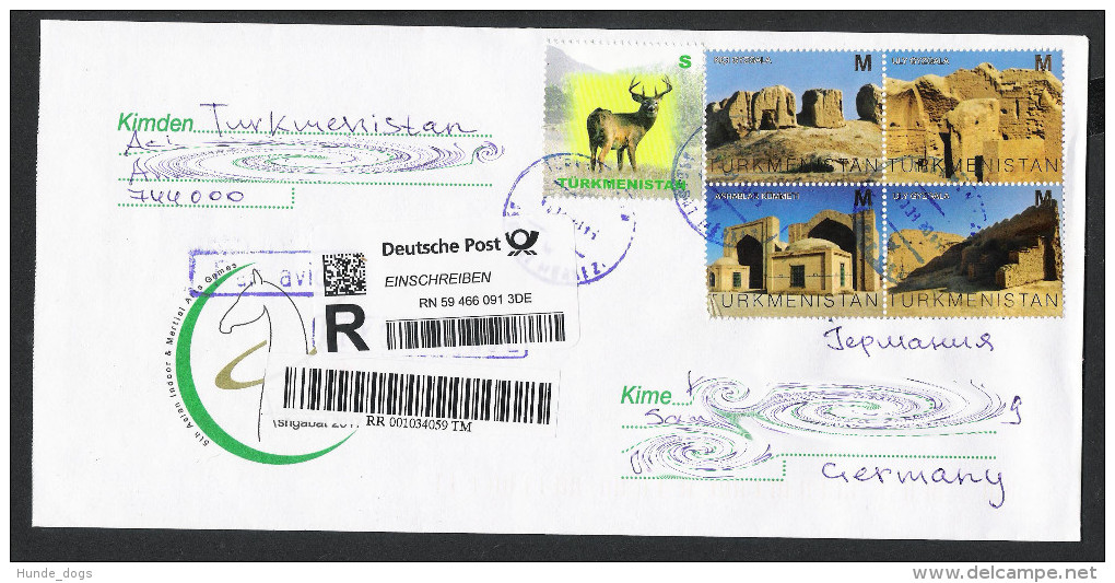 Turkmenistan R-Brief 2015 Registered Letter Cover UNESCO-Welterbe Monuments 2013 Fauna Maral 2009 - Turkmenistán