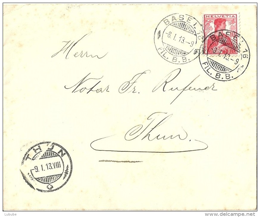 Brief  Basel - Thun  (Rollenfrankatur)          1913 - Lettres & Documents