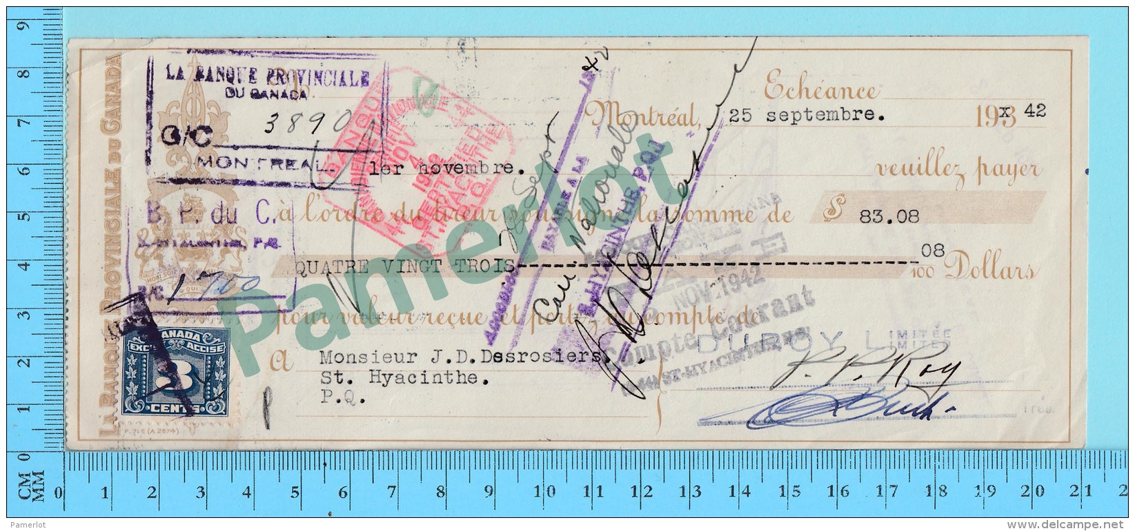 Montreal Quebec 1942 - $83.08, Cheque Certifié, Facture Duroy Limité,  3 Cents Accise Timbre   -2 Scans - Chèques & Chèques De Voyage