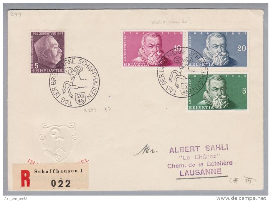Schweiz Pro Juventute 1948-12-05 Schaffhausen Tag D.Briefmarke Br.m.IMAB-Blocka. - Lettres & Documents