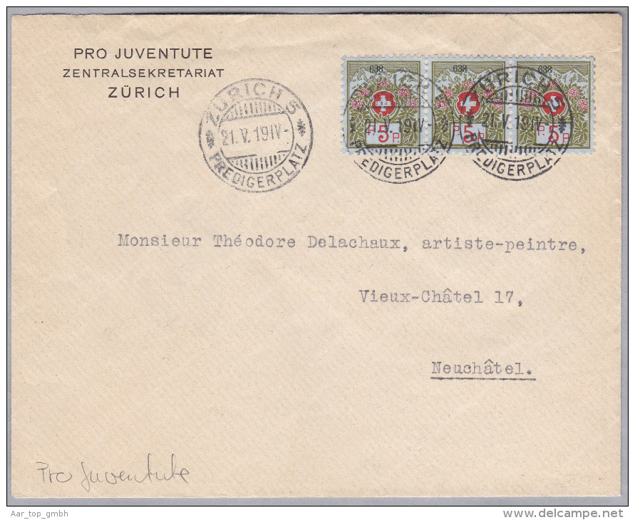 Schweiz Pro Juventute 1919-05-21 Zürich Portofreiheit Kl#638 3er-Streifen PJ Brief - Lettres & Documents