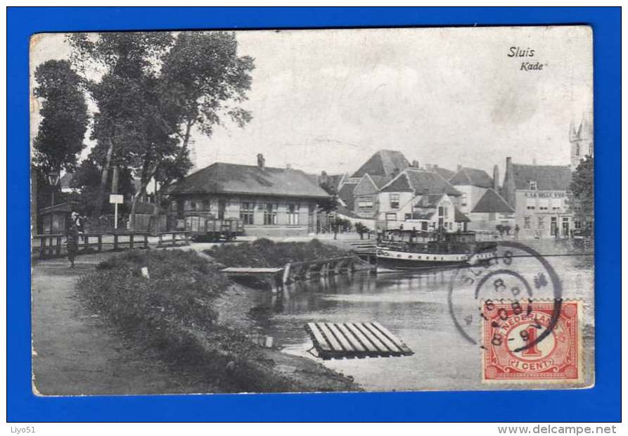 Sluis Kade . Pays Bas . Cpa : N&b . Scans Recto / Verso . 1908 . 1 Pli Bas Droit . - Sluis