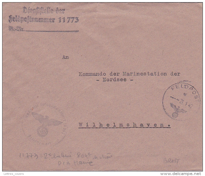 FELDPOST 11773 DCA MARINE à BREST FINISTERE FRANCE - Occupation Allemande - Kriegsmarine > Lettre Wilhelmshaven - Occupation 1938-45