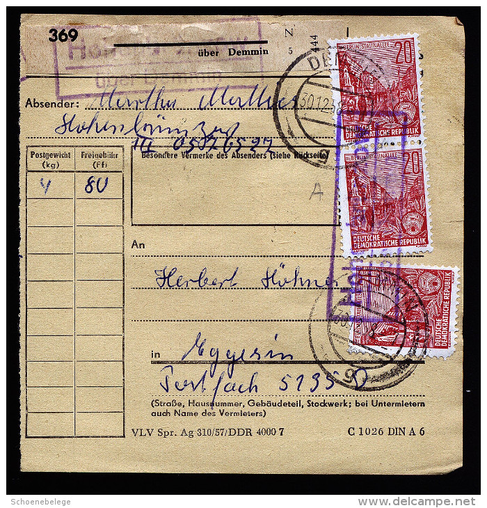 A3901) DDR Paketkarte Von Hohenbrünzow 30.12.58 Mit MeF Und Entwertung PSt.II - Briefe U. Dokumente