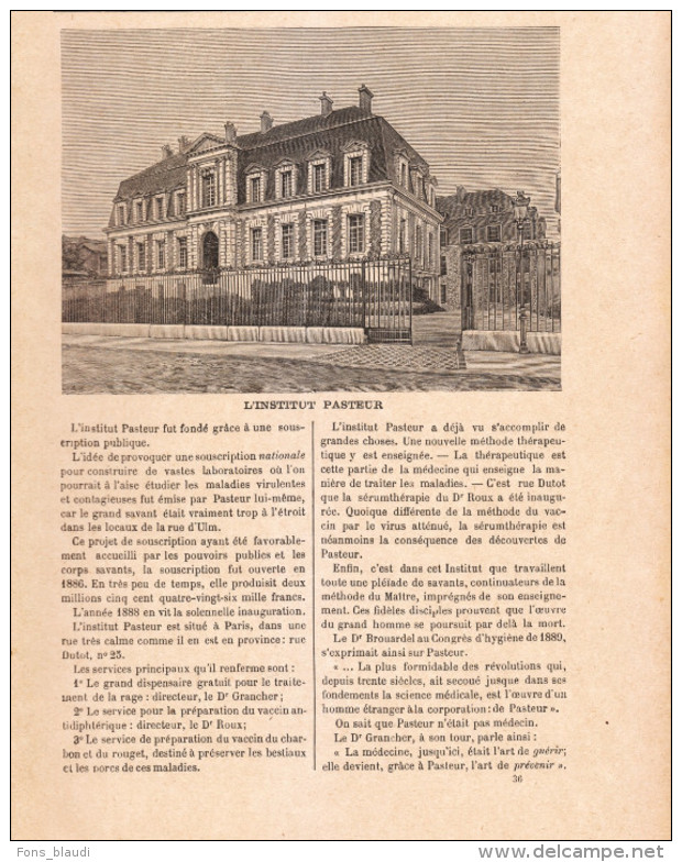 1897 - Gravure Sur Bois - Paris (15ème) - L'institut Pasteur 25 Rue Du Dr Roux - FRANCO DE PORT - Sonstige & Ohne Zuordnung