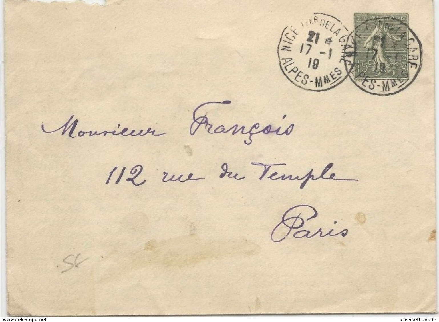 ALPES MARITIMES - 1919 - ENVELOPPE ENTIER TYPE SEMEUSE 146X110 De NICE QUARTIER DE LA GARE - Standard- Und TSC-Briefe (vor 1995)