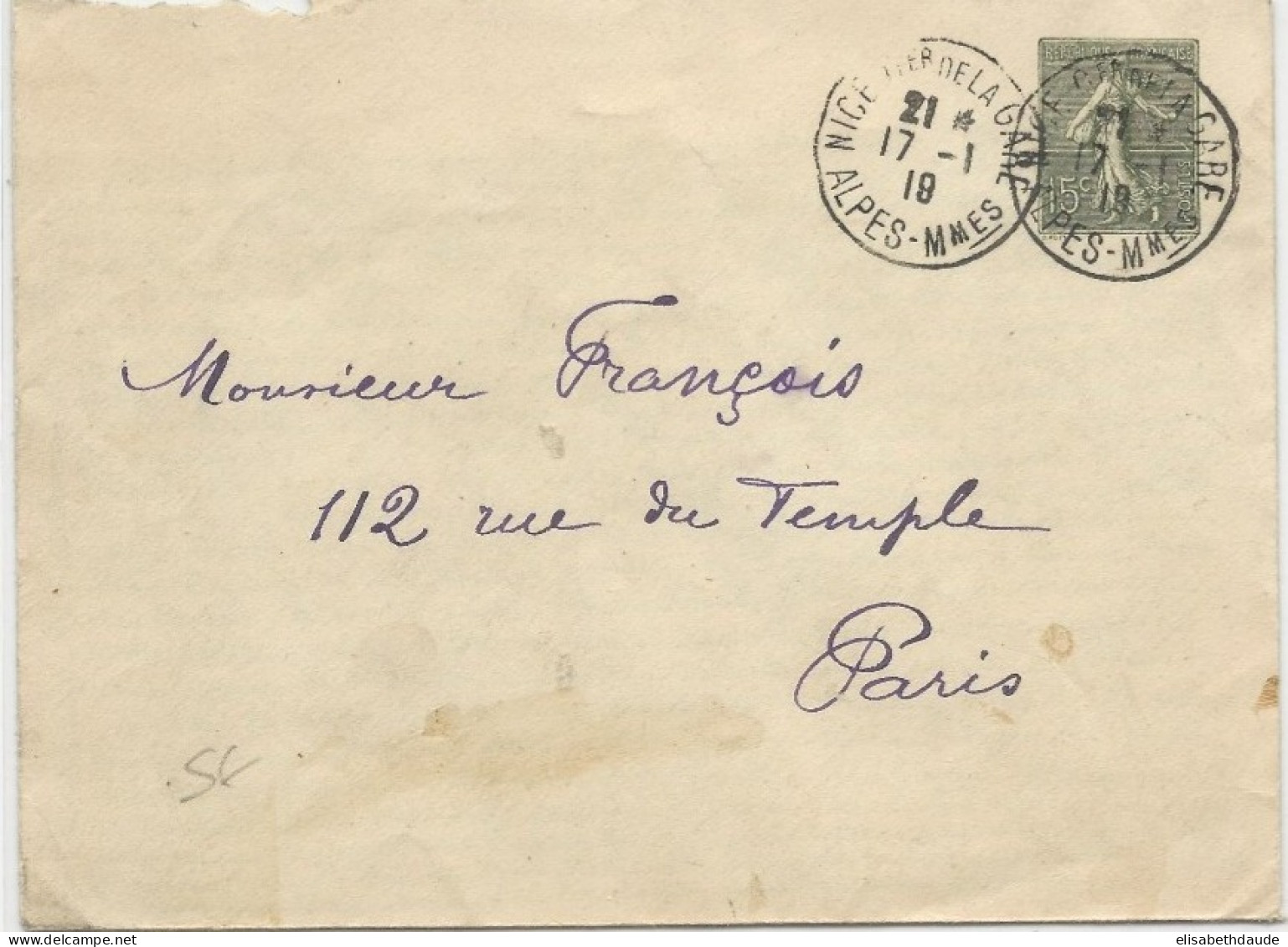 ALPES MARITIMES - 1919 - ENVELOPPE ENTIER TYPE SEMEUSE 146X110 De NICE QUARTIER DE LA GARE - Standard Covers & Stamped On Demand (before 1995)