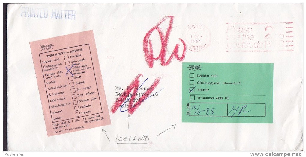 Great Britain 1985 PP Cover Brief NJARDVIK Iceland "Fluttur" Endursent - RETOUR Labels Interesting Cancels (2 Scans) - Brieven En Documenten