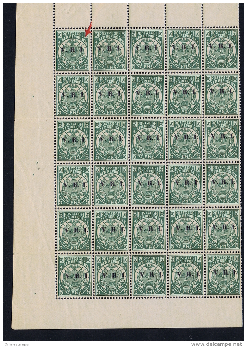 Transvaal 1900 5 Pound Deep Green VRI Overprint SG 237 MNH/** Sans Charnière  Postfrisch Part Pane Of Thirty Reprints - Transvaal (1870-1909)