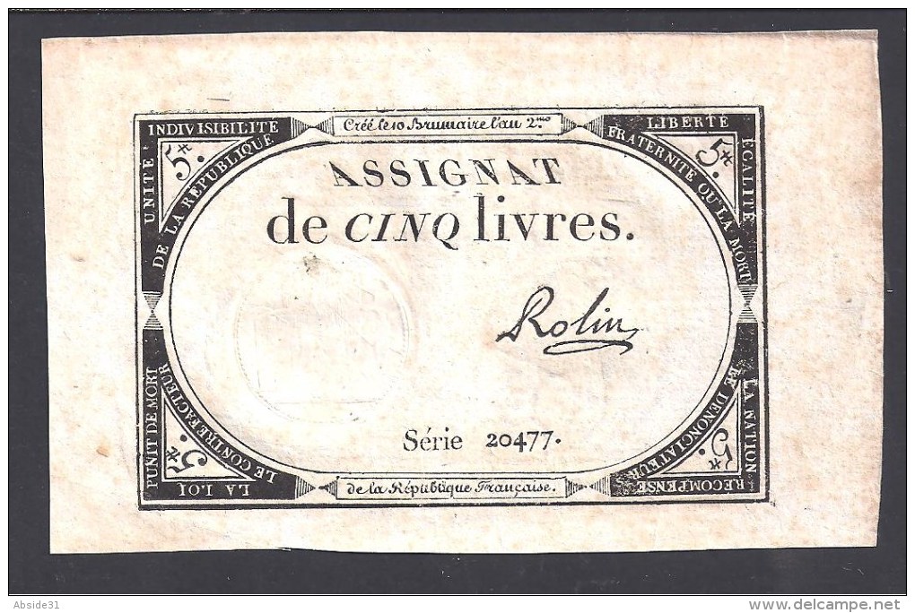 10 Assignats de Cinq Livres  An 2  avec signatures différentes