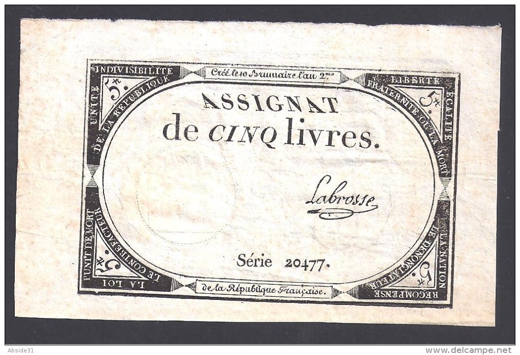 10 Assignats de Cinq Livres  An 2  avec signatures différentes