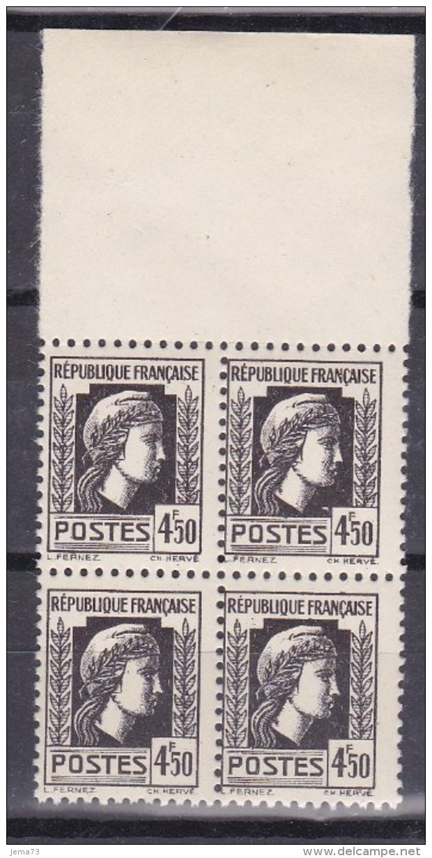 N° 644 Série D´Alger Coq Et Marianne 4f50 Noir: Bloc De 4 Timbres Neuf - Ongebruikt