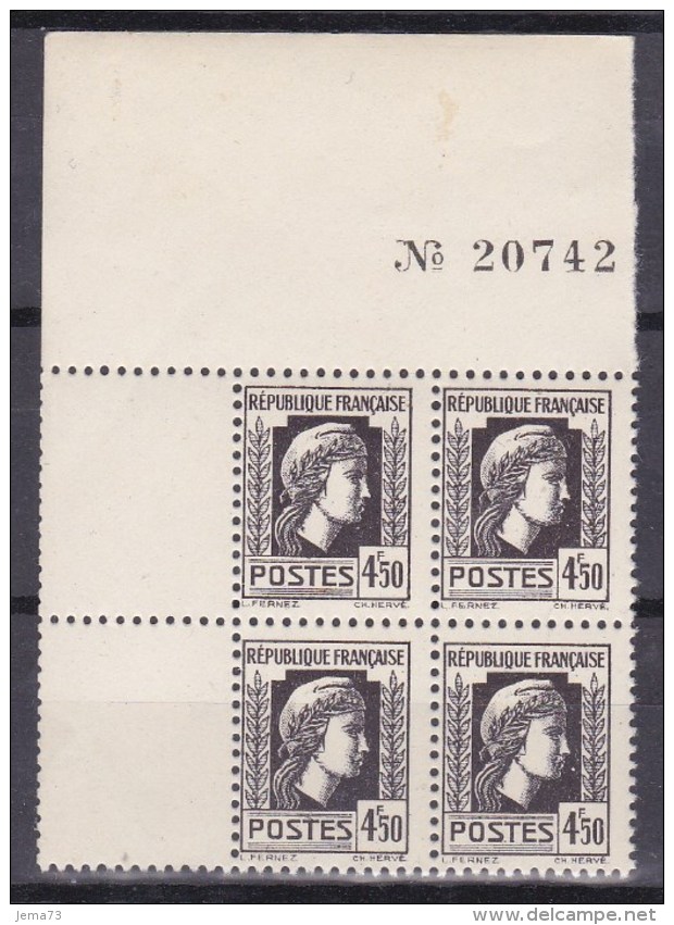 N° 644 Série D´Alger Coq Et Marianne 4f50 Noir: Bloc De 4 Timbres Neuf - Neufs