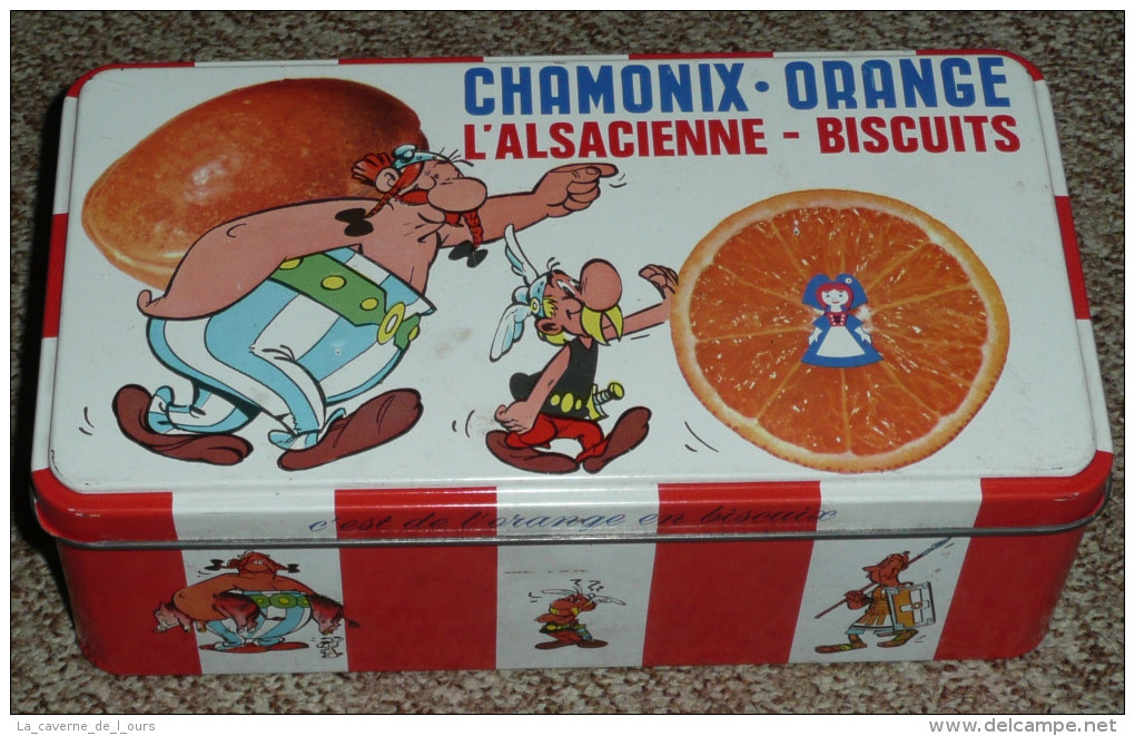 Rare Ancienne Boite En Tôle Publicitaire Vide, Biscuits L'Alsacienne, Chamonix Orange, Astérix Obélix, Goscinny Uderzo - Boxes