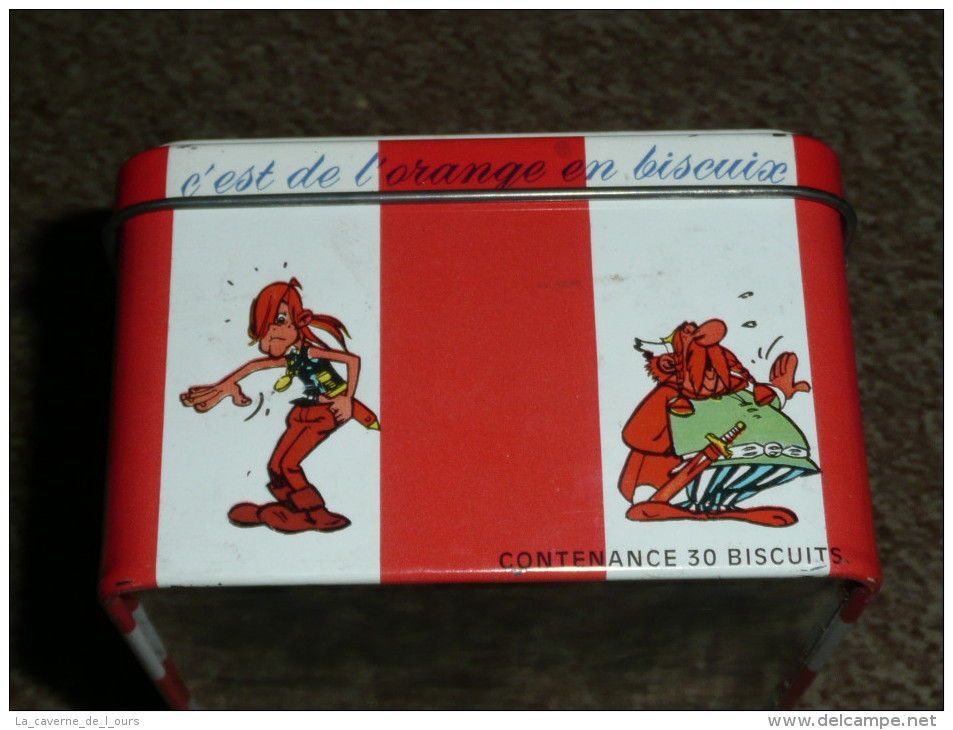 Rare Ancienne Boite En Tôle Publicitaire Vide, Biscuits L'Alsacienne, Chamonix Orange, Astérix Obélix, Goscinny Uderzo - Boxes