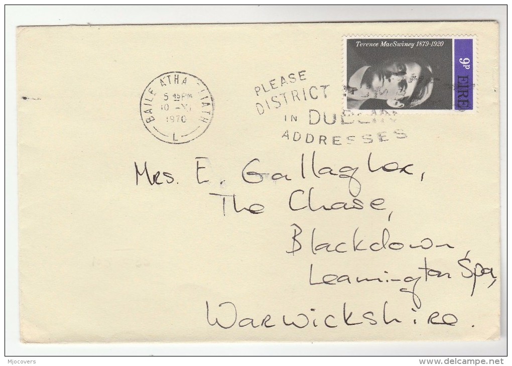 1970  IRELAND MacSwiney Stamps COVER To GB - Covers & Documents