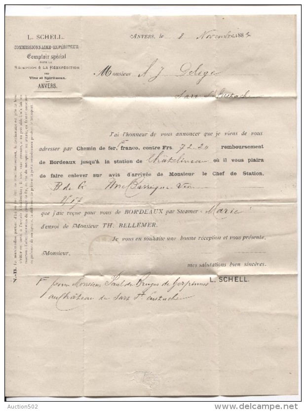 TP 38 S/L.datée D'Anvers De L.Schell Vins&Spiritueux C.Anvers 8/11/1885 1885 .Sart St.Eustache Via Fosses PR3112 - 1883 Leopold II