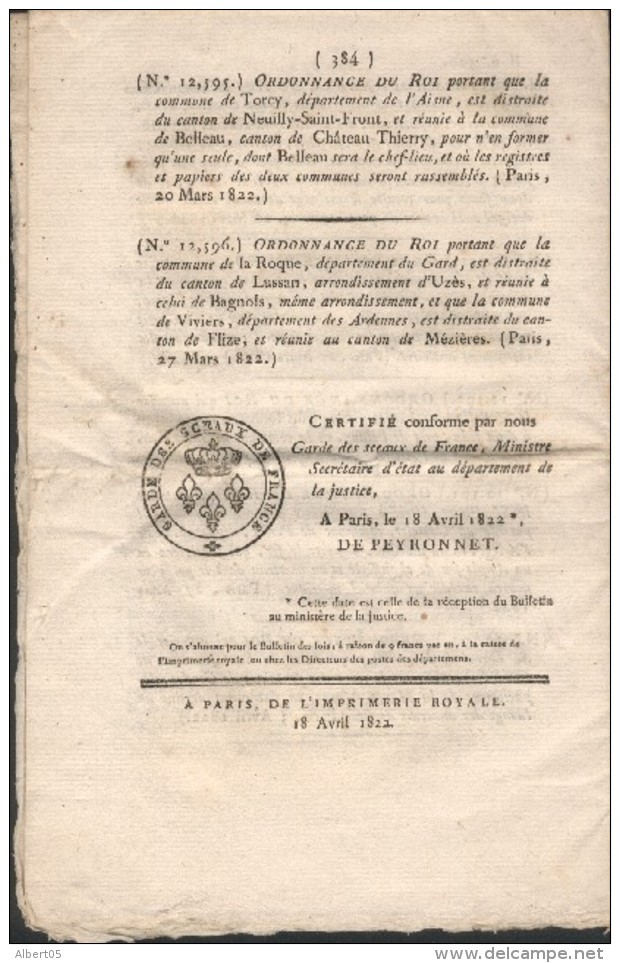 Bulletin Des Lois N° 520 - Postes Aux Lettres Entre La France Et Le Royaume Du Wurtemberg En 1822 - Decreti & Leggi