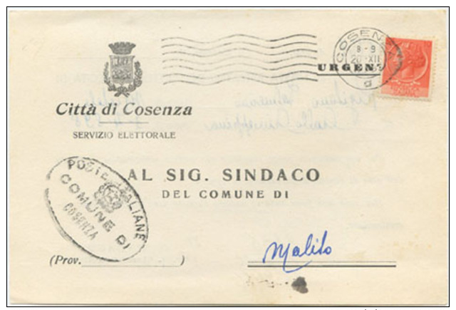 1955 SIRACUSANA L.10 ISOLATO CARTOLINA RIDOTTA SINDACI 20.12.55  (SASSONE E. 35) OTTIMA QUALITÀ (6793) - 1946-60: Storia Postale