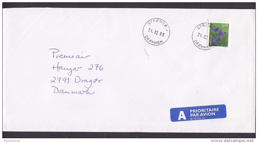 Norway A PRIORITAIRE Par Avion Label STRØMSØ Drammen 1999 Cover Brief Denmark  Flower Blume Stamp - Briefe U. Dokumente