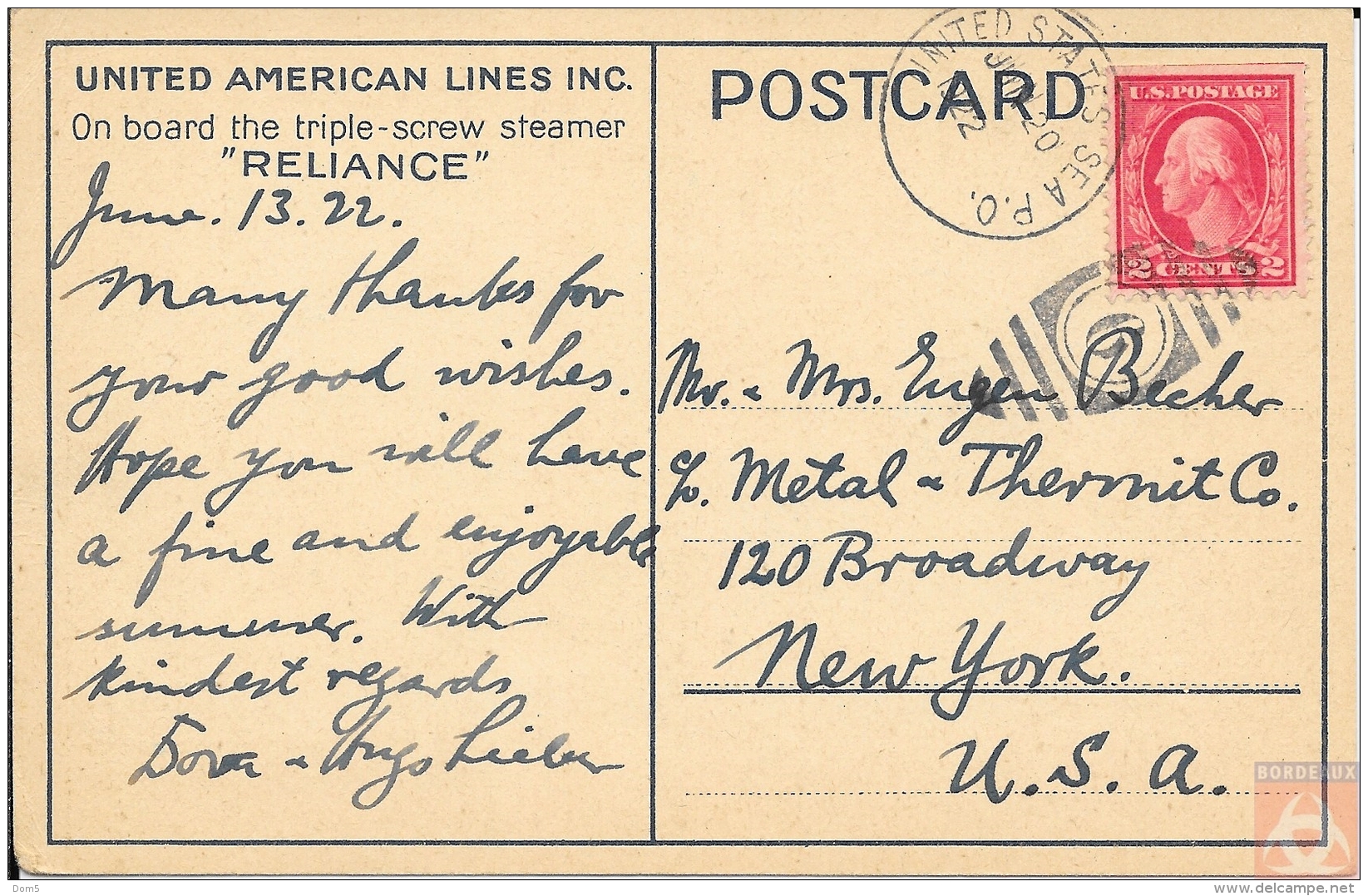 USA - Carte Postale PAQUEBOT - RELIANCE - Posted At Sea 1922 - UNITED STATES SEA. P.O. - Dampfer