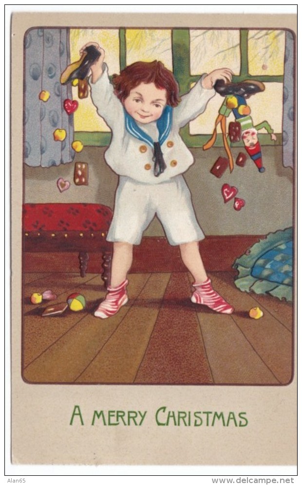 Merry Christmas Greetings, Boy Pours Toys From Shoes, C1900s Vintage Embossed Postcard - Other & Unclassified