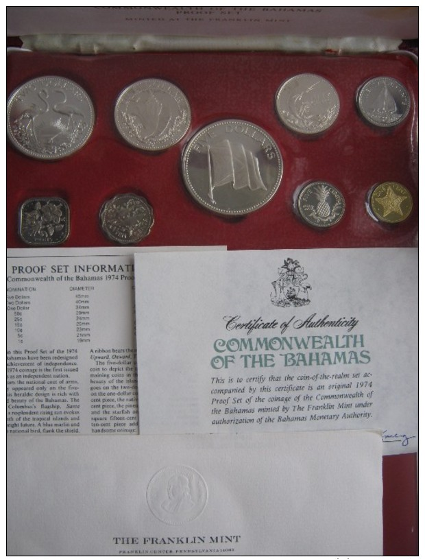 Bahamas 1974 9 Coin Proof Set Boxed With COA 4 Coins Are Silver By Franklin Mint - Bahamas