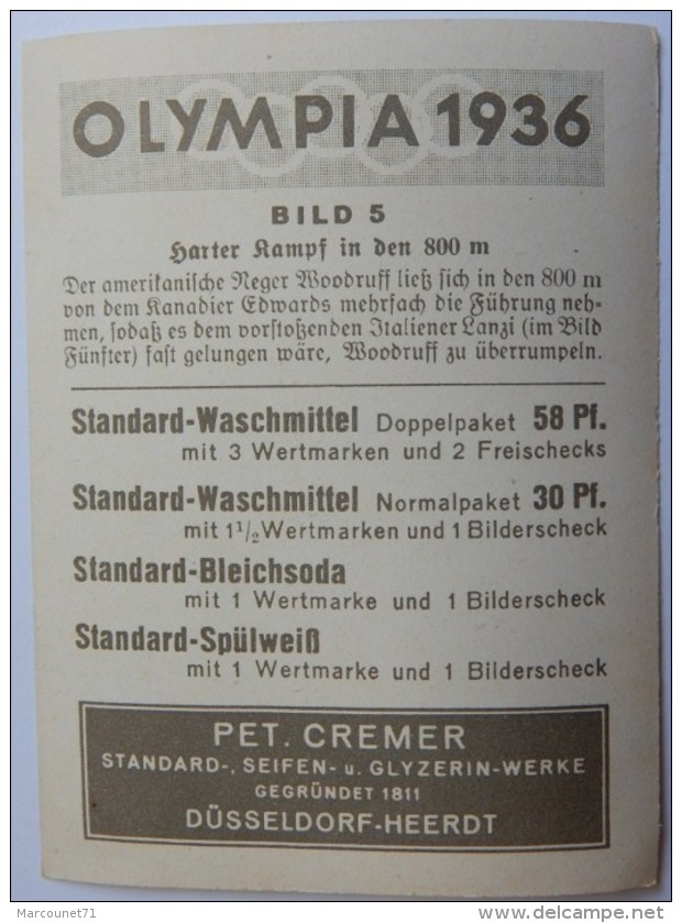 VIGNETTE JEUX OLYMPIQUES J.O BERLIN OLYMPIA 1936 PET CREMER DUSSELDORF BILD 5 JOHN WOODRUFF 800 METRES - Tarjetas