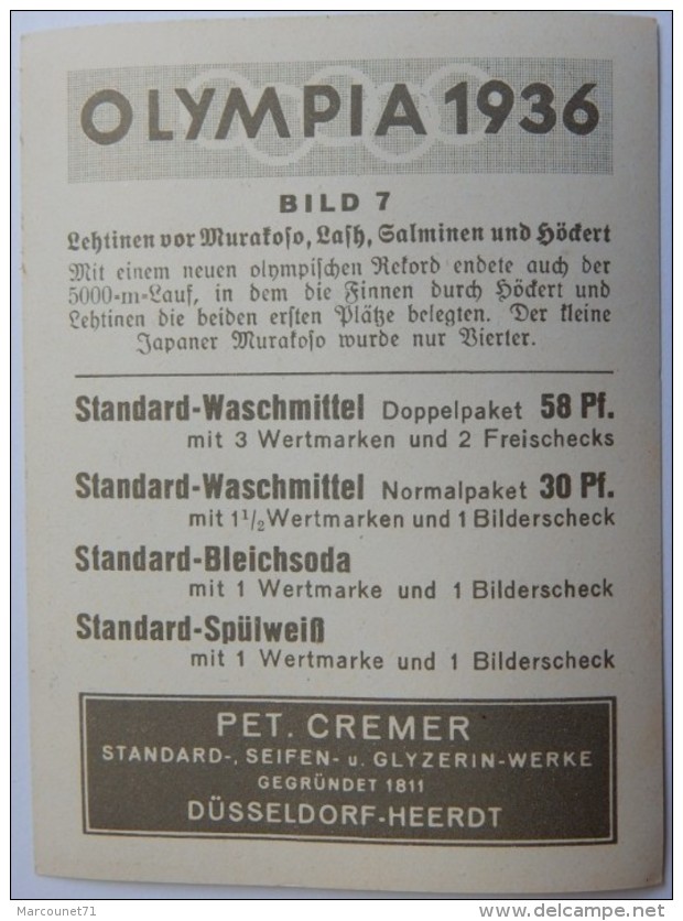 VIGNETTE JEUX OLYMPIQUES J.O BERLIN OLYMPIA 1936 PET CREMER DUSSELDORF BILD 7 GUNNAR HOCKERT 5000 METRES - Trading Cards